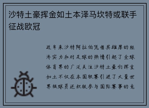 沙特土豪挥金如土本泽马坎特或联手征战欧冠